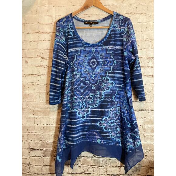 French Bazaar Tunic Top Womens Large Navy Flowy Studded Beads Asymmetric Hem - Picture 1 of 15
